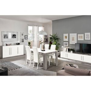 CLARK - Ensemble Salon S&eacute;jour Blanc et Marbre Meuble TV + Buffet + Table 190cm