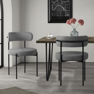 Lot de 2 chaises de cuisine rond en tissu teddy gris avec dossier pied en acier