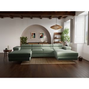 Canap&eacute; panoramique 7 places En U en Velours c&ocirc;tel&eacute; Vert sauge