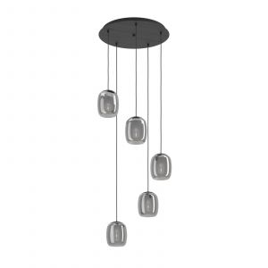 Eglo Suspension luminaire Ciampino, lustre élégant à 5 lampes pour salon et salle à manger, métal noir et verre fumé, douille E27, Ø 54 cm