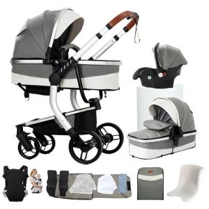 Poussette Magic Zc Poussette 3 En 1 Poussette Trio Poussette Pliable Poussette Cosy Voyage Cuir Pu Sac &Agrave; Main Porte-B&eacute;b&eacute; 0-3ans Gris