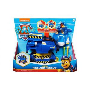 Coffret pat patrouille grand véhicule de police secours de luxe transformable : chase et poule - figurine et camion paw patrol rise rescue
