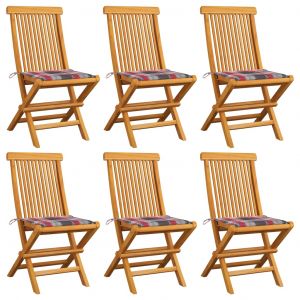 VidaXL Chaises de jardin et coussins &agrave; carreaux rouge 6pcs Teck massif