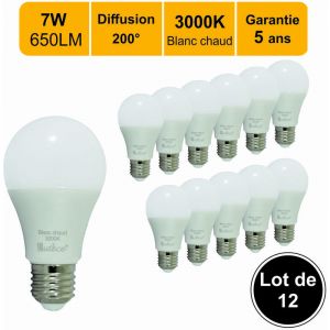 Lut&egrave;ce Lot de 12 ampoules LED E27 7W (equiv. 45W) 650Lm 3000K - garantie 5 ans