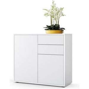 Vladon - Commode Armoire Dressoir Cr&eacute;dence Ben Blanc mat, haute brillance & tons naturels - Fa&ccedil;ades en Blanc mat Corps mat - Fa&ccedil;ades en Blanc mat
