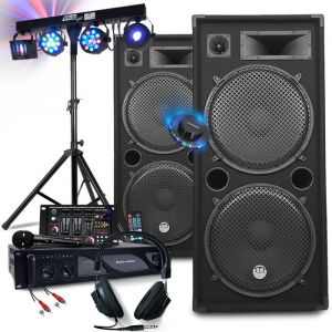 Bm sonic Pack sono DJ mix mariage soirée Ampli 3000W Enceintes 2x2000W Table de mixage USB Bluetooth Portique éclairage LED
