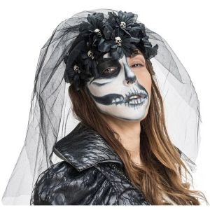 Ruedelafete Coiffe gothique avec fleurs noires, crânes et voile