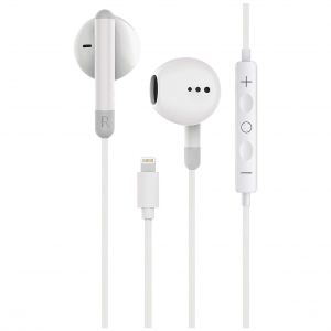 Casque filaire Contact, Lightning, compatible iPhone 14 et versions ant&eacute;rieures, appels, bouton multifonction, blanc