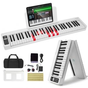 VEVOR Clavier Piano Pliable 61 Touches, Bluetooth et MIDI, Piano Électronique Numérique Portable avec Pédale de Sustain, Touches Lumineuses, Rechargeable pour Débutants, Adolescents, Adultes, Blanc