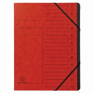 Exacompta Réf. 541205E - Carton de 10 trieurs dos agrafé - avec élastiques - couverture imprimée en carte lustrée et intérieur en carte recyclée noire - 12 compartiments - 24,5x 32 cm - A4 - rouge