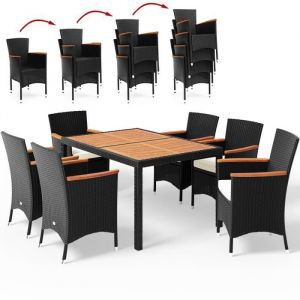 Deuba Salon de jardin en polyrotin noir Verona 6+1 table et chaises empilables coussins 7 cm ensemble de jardin meuble de jardin ext&eacute;rieur