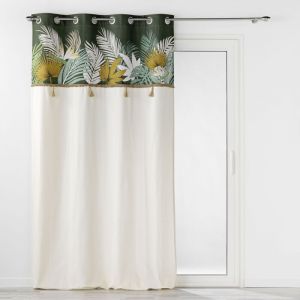 Ligne decor Rideau &Agrave; &OElig;illets 140 x 240 cm Coton Uni + Top Imprim&eacute; Tropical & Pompons &ndash; Tropilia Kaki