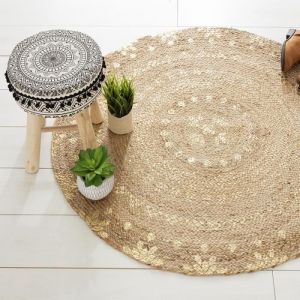 Silumen - Tapis Rond Jute Naturel 115cm Imprimé Doré Or