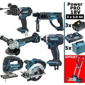Makita Pack Power PRO 6 outils 18V: Perceuse DHP458 DHR202 DGA504 DTD152 DJV180 DSS610 3 batt 5Ah 5 Coffrets chariot