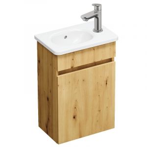 Pack meuble suspendu lave-mains Joline ch&ecirc;ne + Robinet lave-mains eau froide Duravit Wave Inox bross&eacute;