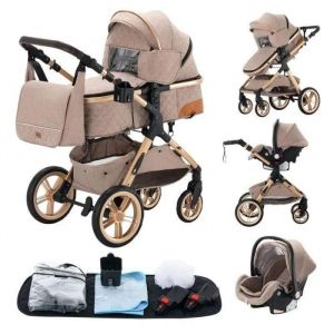 Bazarland30.Poussette 3 En 1 B&eacute;b&eacute; Combin&eacute;e Si&egrave;ge-Auto Nacelle Trio R&eacute;versible R&eacute;glable Haute Qualit&eacute; Roues Increvables Canne.Khaki