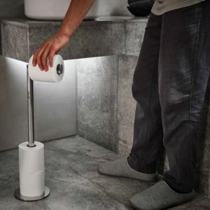 Joseph joseph EasyStore Luxe Porte-Rouleau de Papier Toilette sur Pied, Support 2 en 1 en Acier Inoxydable, Capacité 4 Rouleaux, Stainless Steel/Dark Grey