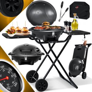 Gril électrique de table 2en1 - Gril sur pied avec couvercle et pied, max. 2400 Watt, Pliable, Thermomètre, Revêtement antiadhésif, Set avec