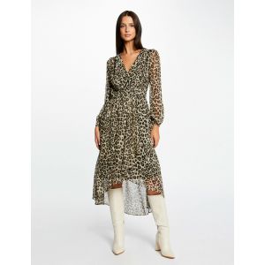 Morgan Robe longue FEMME avec manches longues et col cache-coeur beige l&eacute;opard