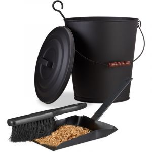 Relaxdays Kit de nettoyage pour cheminée, 2 pièces, seau à cendres, balayette, acier, couvercle, poignée, 24 litres, noir