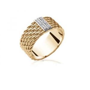 Bague - Bijouxia - Tress&eacute;e - Plaqu&eacute; Or 18 Carats - 16 Cristaux Zirconium - Largeur 9mm