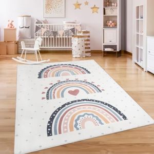 Image de Paco Home - Tapis Chambre Enfant Bebe Fille Garcon Antid&eacute;rapant Arc-en-ciel Coeur Pois 120x160 cm, Multicolore 2