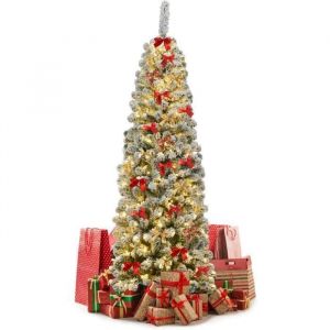 184CM Sapin de Noël avec 250 Lumières LED,Flocage à Crayons Arbre Épais et Réaliste avec 500 Branches en PVC,Base en Fer - Goplus