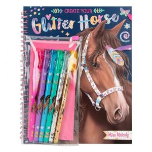 Depesche 12931 Miss Melody Create Your Glitter Horses - Livre de coloriage avec 30 Pages pour cr&eacute;er des Motifs de Chevaux, 6 Crayons Gel Scintillants Inclus