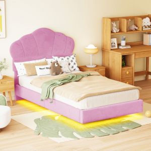 Lit enfant 90x200 cm en velours avec LED - tête de lit en forme de nuage - Rose