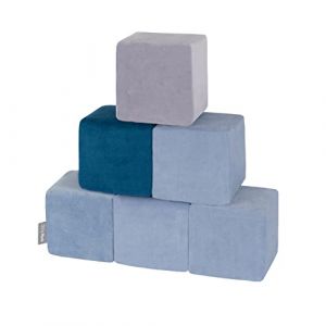 KiddyMoon Velour Blocs Mous pour Bébé 6 Pièces Cubes De Construction en Mousse 14Cm, Cubes: Bleu Lagune-Bleu Glacier-Gris De Montagnes