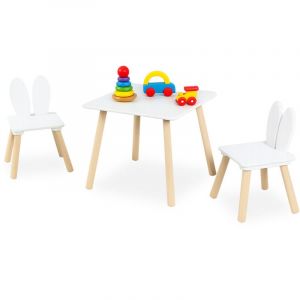Relaxdays Ensemble de table et chaises pour enfants, 3 pièces, table et 2 chaises, oreilles de lapin, blanc/nature