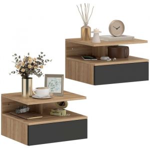 Homcom Lot 2 tables de chevet murales - tiroir, compartiment ouvert - panneau de particules - 35x32x22,5cm - noir et ch&ecirc;ne