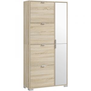 Meuble à chaussures - 4 portes abattantes, 2 portes miroirs, étagères réglables - aspect bois naturel