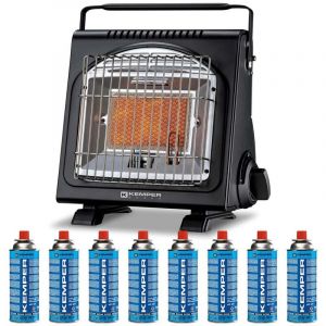 Kemper Chauffage à gaz portable Piezo 1700W Systèmes Sécurité intégrés + 8 Cartouches de gaz Butane Autonomie 2h30