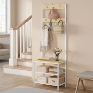 Woltu - Meuble d'Entr&eacute;e Portemanteau en M&eacute;tal+Bois d'Ing&eacute;nierie, avec &Eacute;tag&egrave;re &agrave; Chaussures et Banc, Ch&ecirc;ne Clair+Blanc, 60x31,5x170cm