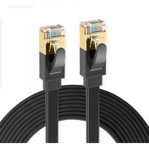 Elfcam - 25m CAT7 Câble Réseau Ethernet RJ45, Cat 7 STP 100% Cuivre, Câble Plat, 32 AWG, Noir (25M)