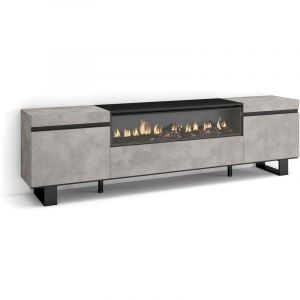 Meuble tv, Banc T&eacute;l&eacute;, Grand espace de Rangement, 200x57x35cm, Pour les tv jusqu'&agrave; 80', Chemin&eacute;e &eacute;lectrique, Design industriel, Style moderne, Ciment