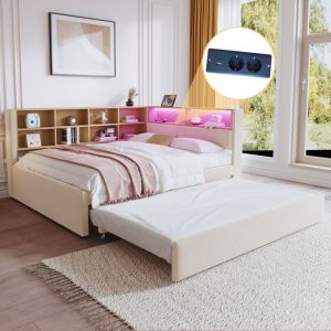 Lit gigogne 140x200cm, led Multicolore, USB/Tape-C, Convient aux enfants adultes, sans matelas, mdf, beige