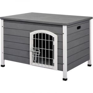 Pawhut Niche Chien Niche sur Pied Toit ouvrant Porte grillagée verrouillable Bois Sapin métal Blanc Bois Sapin Gris