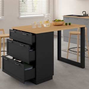 Idmarket Ilot central mange-debout 4 personnes VITO 130 cm casserolier 3 tiroirs noir et plateau bois