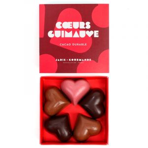Bo&icirc;te 5 coeurs en guimauve assortiment chocolat au lait noir chocolat ruby 43g