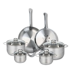 Elo 9884350 Batterie de cuisine 6 pièces, Ensemble de 2 Poêles de cuisson 28 et 32 cm et 4 faitouts 14, 16, 20 et 24 cm Profi Brillant, inox, induction