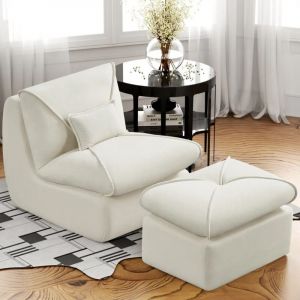 Wishdor - Canapé paresseux avec repose-pieds et dossier, pour salon, tissu chenille, blanc