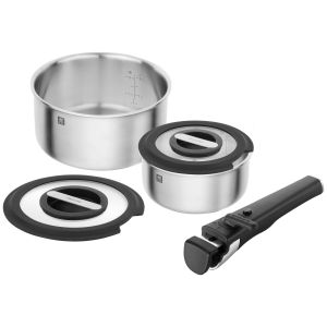Zwilling Unlock Batterie de cuisine 5 pi&egrave;ces (casserole 20 + 16 cm, poign&eacute;e, 2 couvercles en verre), empilable, poign&eacute;e amovible, acier inoxydable 18/10, pour tous les types de feux, y compris