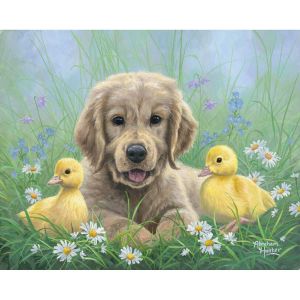 Peinture au num&eacute;ro : Labrador et poussins - toile tendue sur ch&acirc;ssis