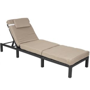 Décoshop26 Transat chaise longue bain de soleil jardin en polyrotin anthracite avec coussin
