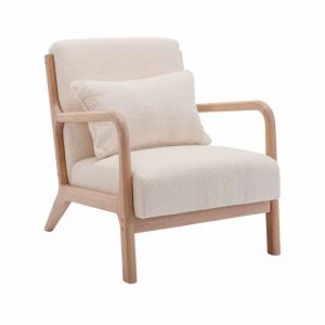 Image de Alice's Garden Fauteuil à bouclettes blanches texturées. bois et tissu. 1 place droit fixe. pieds compas scandinave. structure en bois solide