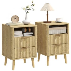 Homcom Lot de 2 tables de chevet - 2 tiroirs et compartiment ouvert, coins arrondis - pieds en bois et MDF - 40x40x61cm - ch&ecirc;ne