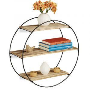 Relaxdays Étagère Murale ronde 3 Tablettes Mur 3 étages déco, Bois métal, hexagonale, vintage, Ø 50 cm, noir/nature