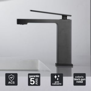 Robinet Mitigeur de Lavabo anti-calcaire Bec Bas Black Gun M&eacute;tal imex pisa BDP048-1BGM